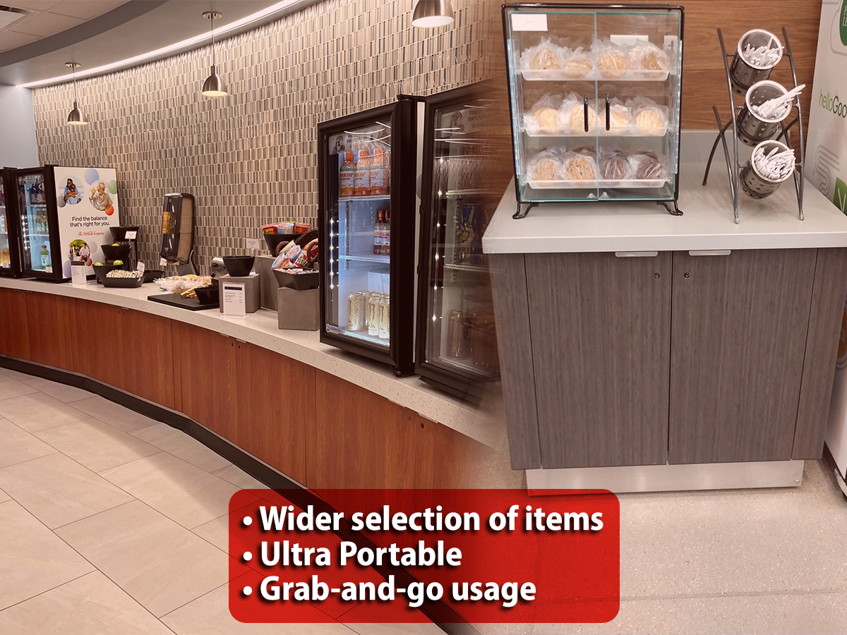 Pictures of Essence utility counters. Bullet points say: Wider selection of items. Ultra portable. Grab-and-go usage.