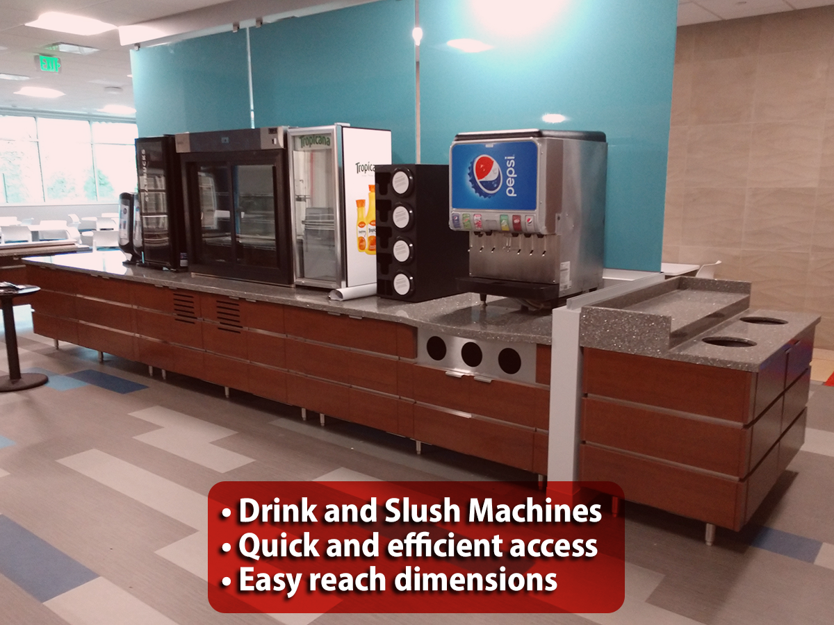 Essence utility counters holding drink dispensers. Bullet points say: Drink and Slush Machines. Quick and efficient access. Easy reach dimensions. 
