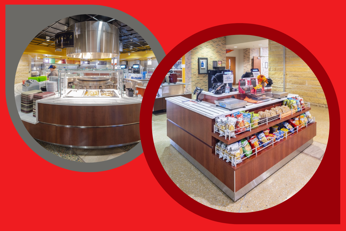 Images of Multiteria foodservice serving counters at UW-Platteville. One for hot food. One used for grab and go snacks and cashier station.