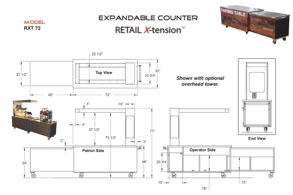 Retail X-tension expandable counter. Model RXT 72 spec sheet.